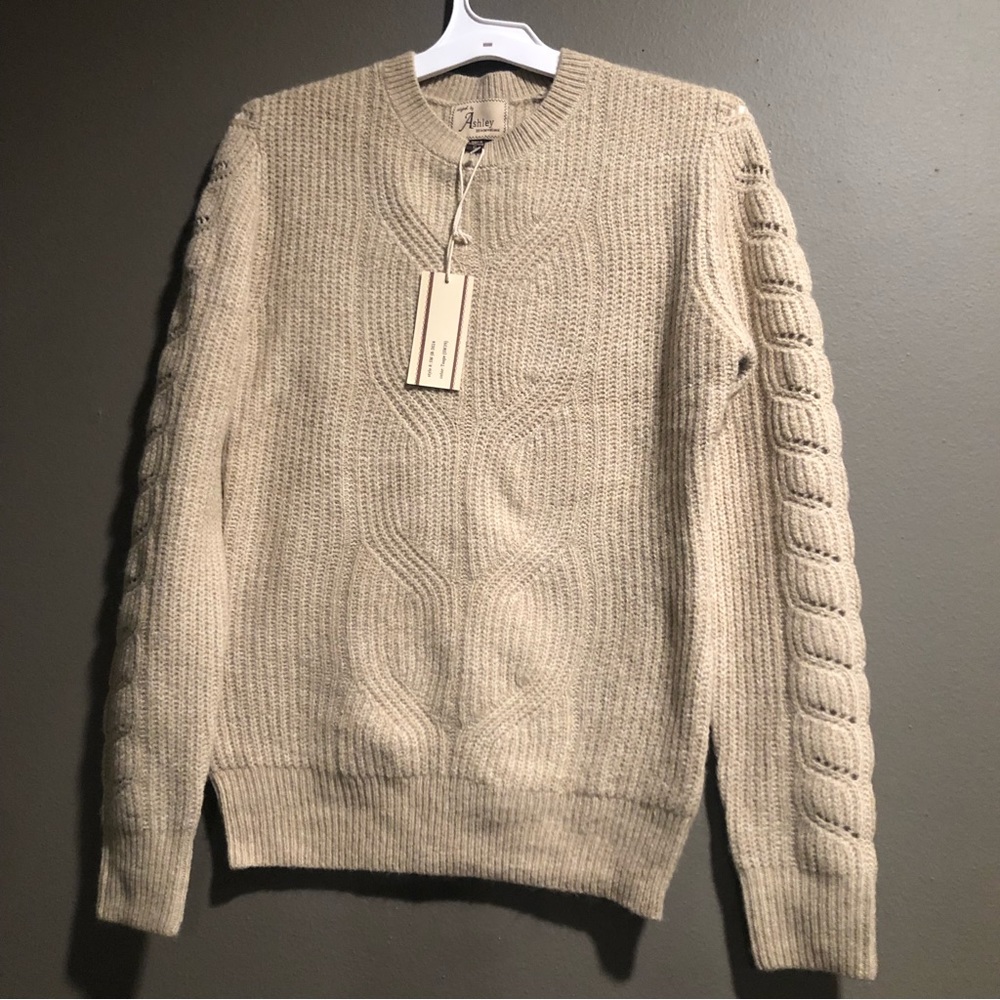 Ashley Taupe Crew Neck Cable Knit Sweater, Large